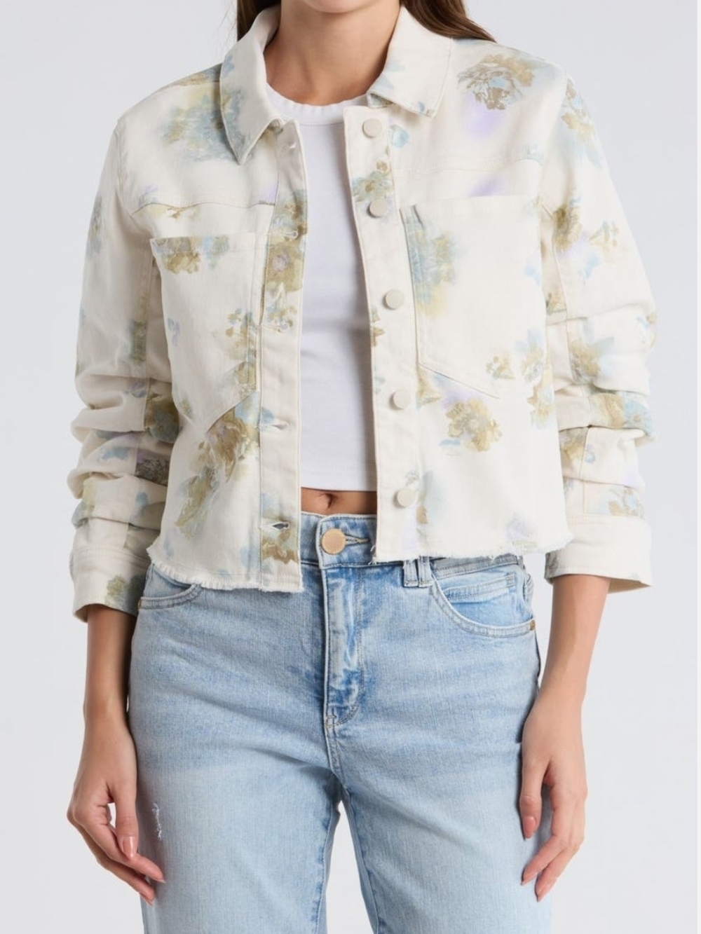 Democracy Cropped Floral Denim Jacket - Cream & Light Blue
